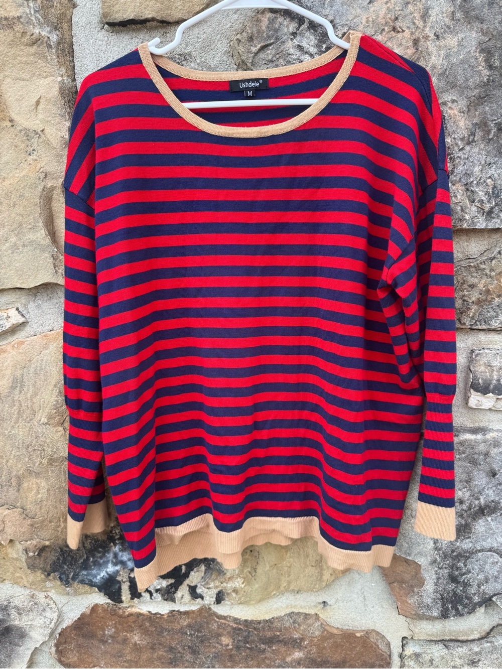 Equestrian Striped Navy & Red Long Sleeve Sweater w/ Camel Trim NWOT  SzM Preppy